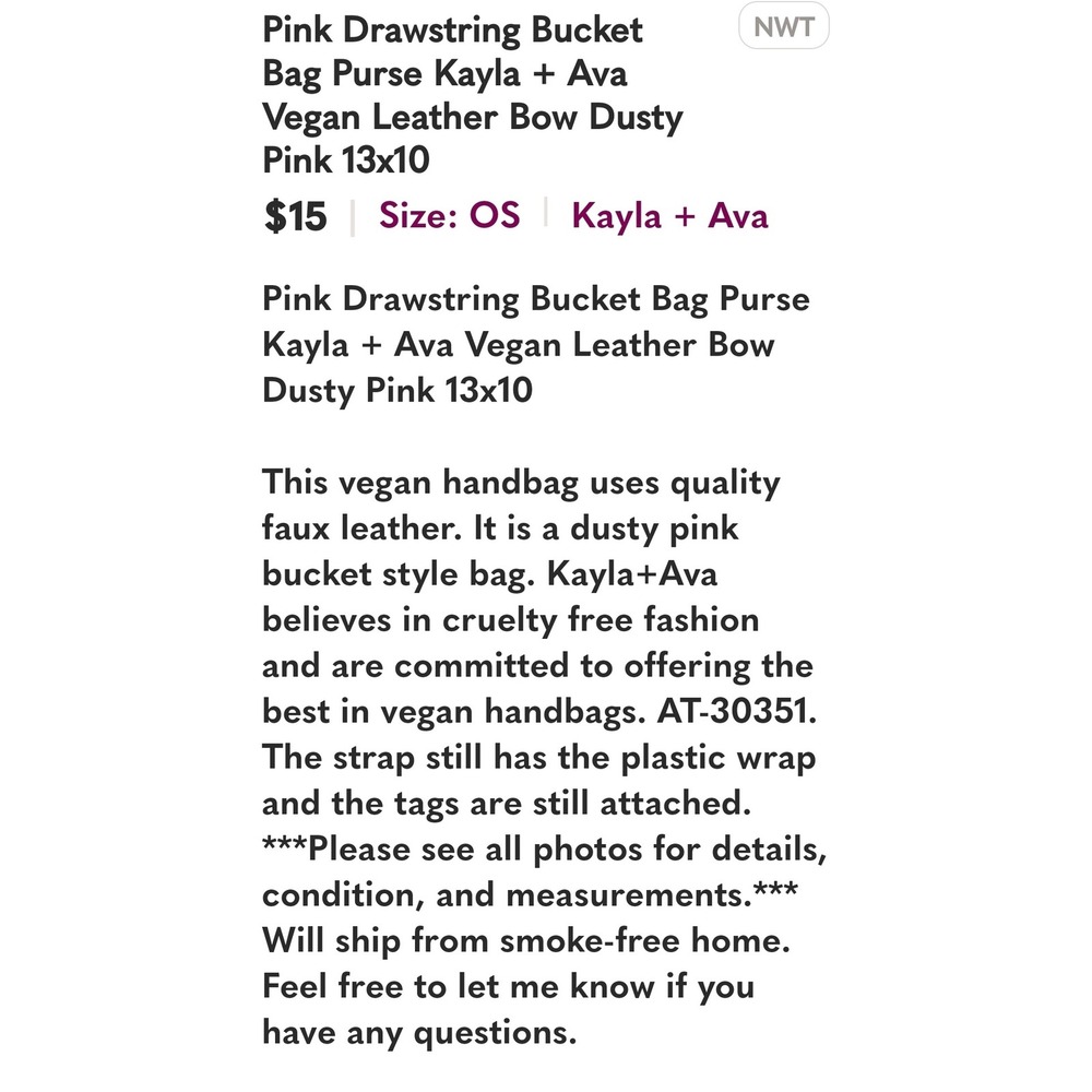 Kayla + Ava Dusty Pink Vegan Leather Drawstring Bucket Bag AT-30351 NWT 13x10 - Picture 4 of 4